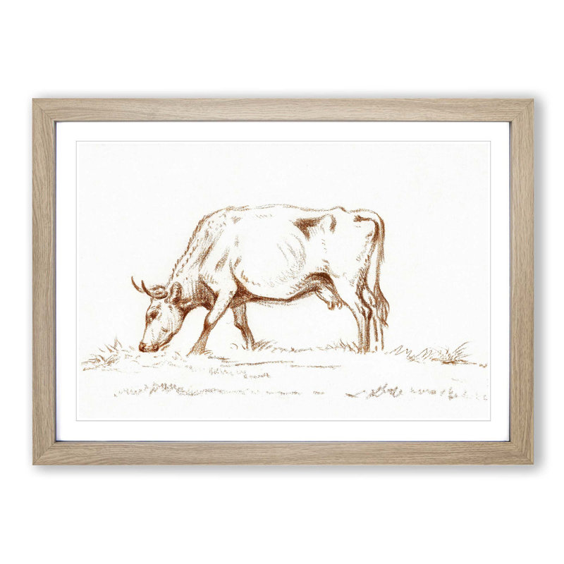 Grazing Cow by Jean Bernard - Picture Frame Drawing Print, Oak Framed, 48cm H x 65cm W x 2cm D