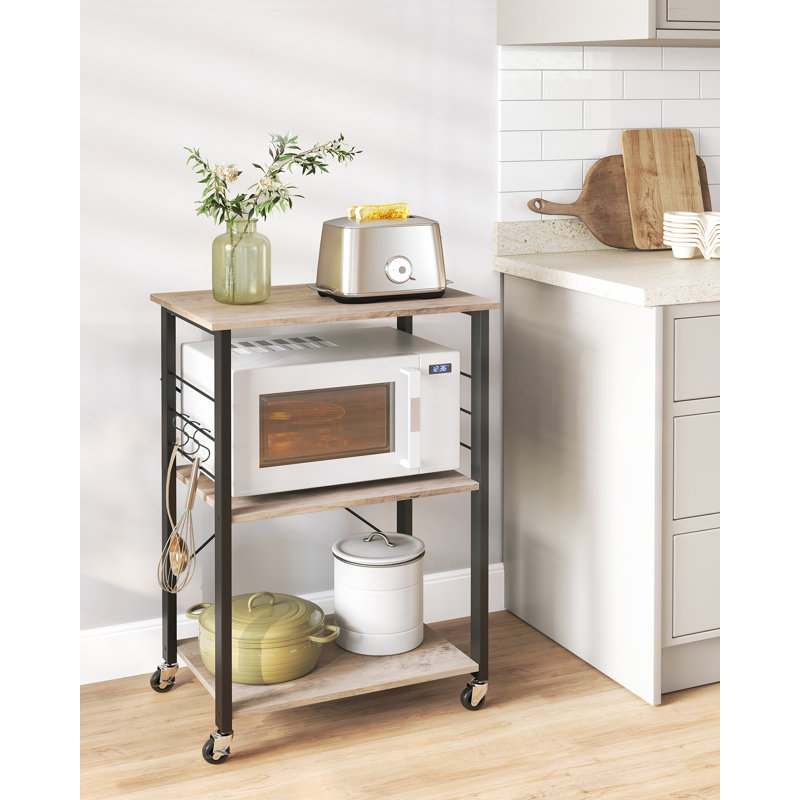 Kitchen Shelf On Wheels, Serving Trolley With 3 Shelves, Microwave Shelf, For Mini Oven, Toaster, With 6 Hooks, Industrial Style, Golden Oak And Cloud White