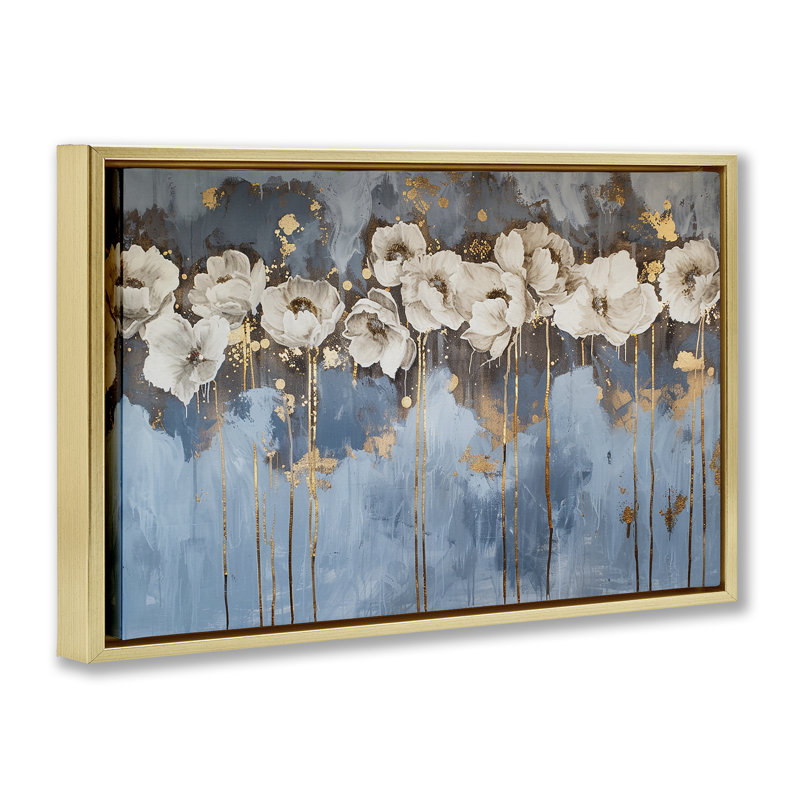 Toile flottante encadrée «Drip Pe pivoines» par LSR Design Studio, H 21 po x l 31 po, Cadre flottant métallique doré