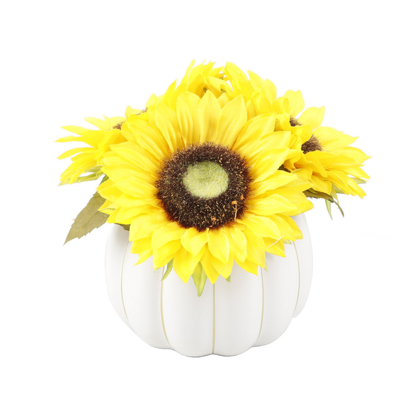 Arrangement floral tournesol en pot, Jaune, Blanc
