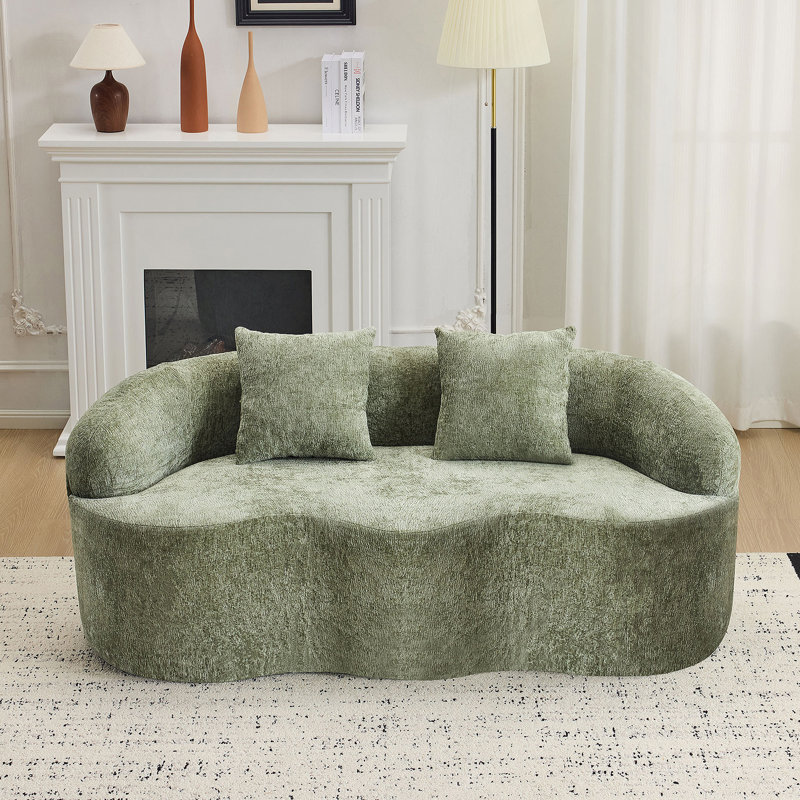 Green Curved Loveseat Sofa with Round Armrest, Compression Couch with 2 Pillows, Ideal for Small Spaces and No Assembly Required