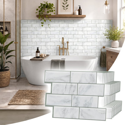 11.57" × 8.35" White 3D Glossy Subway Peel and Stick Backsplash Tile, Waterproof Self-Adhesive Vinyl Wall Tile for Kitchen & Bathroom, 2 mm Thick, Covers 6.71 sq. ft.