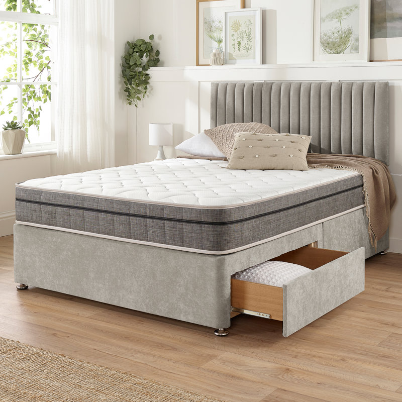 Mykenzie Pocket Memory Divan Bed Set, 2 Drawers, Double (4'6), Silver
