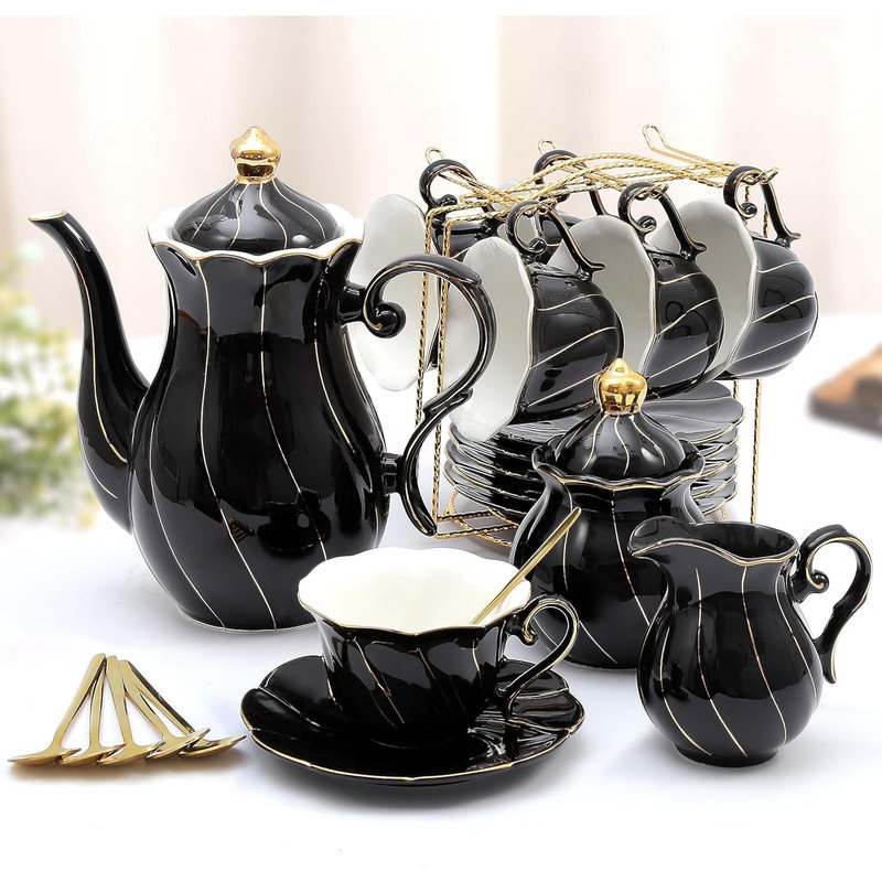 Ensemble de 22 tasses à thé et à thé en porcelaine avec garniture 22 pièces, Noir élégant