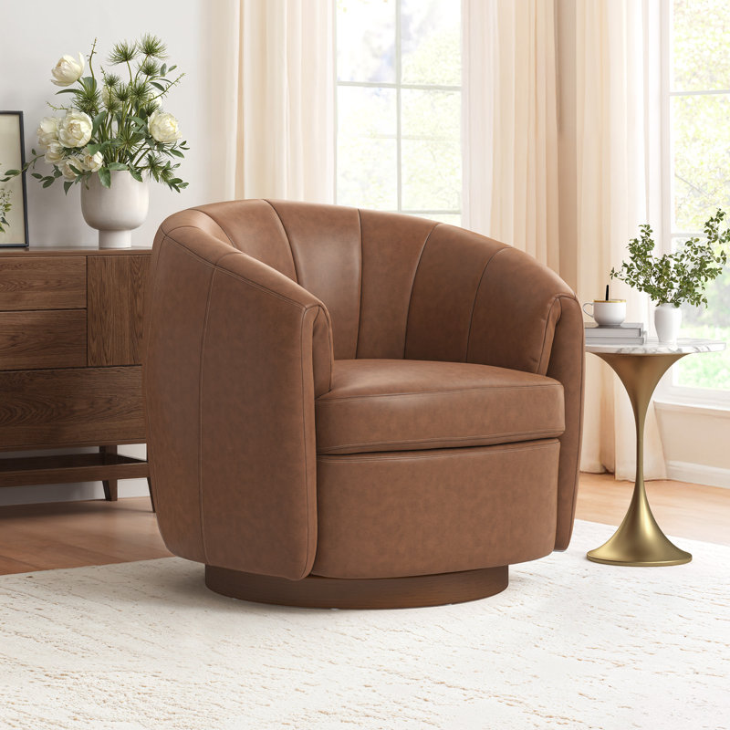 Fauteuil demi-tonneau pivotant en cuir Seraphina, Brun