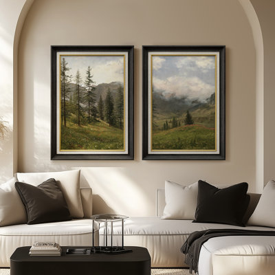 «Majestic Mountain Valley Pine Landscape Nature Scene», ensemble de 2 reproductions d'art encadrées sur papier de qualité supérieure 26 po x 36 po