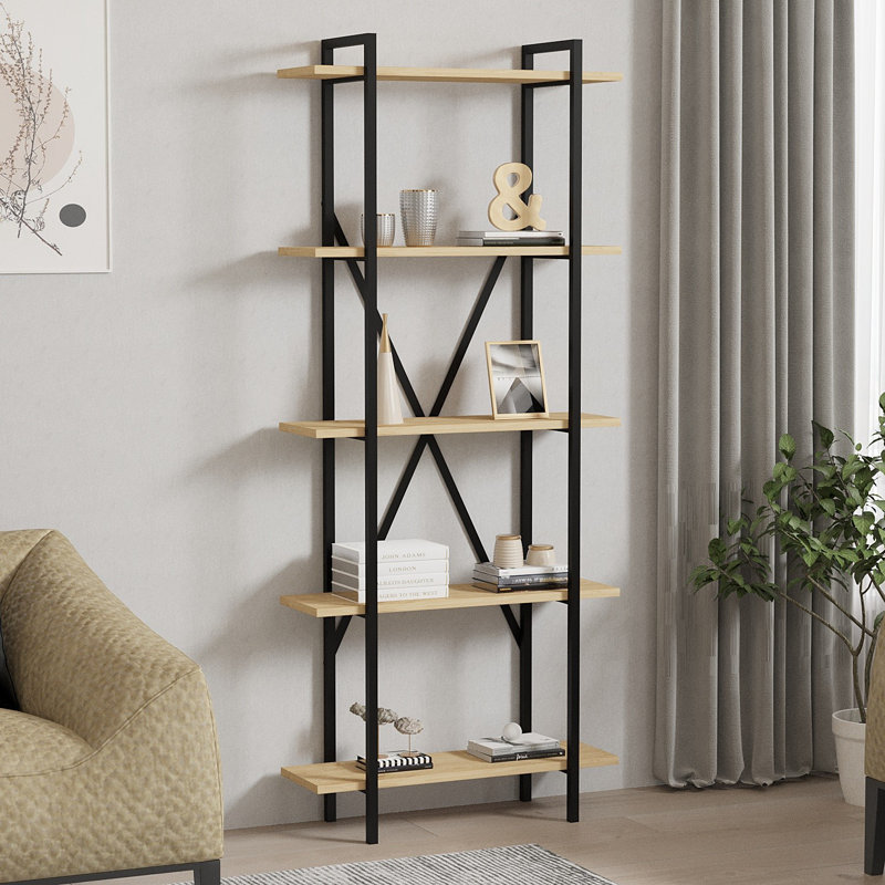 Bibliothèque moderne et industrielle, chêne et noir, 28,3 po x 67,0 po x 9,8 po | 100% panneau de particules enduit de mélamine, épaisseur: 0,7 pouce | Support mural, tablettes multiples pour un rangement supplémentaire, design élégant et fonctionn