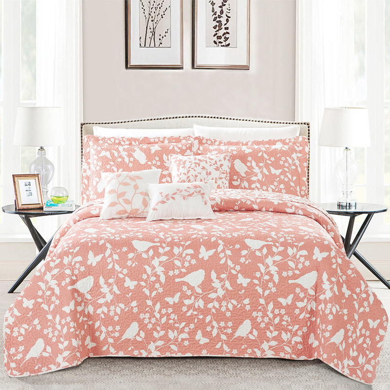 Coral Microfiber King Quilt Set with Bird and Floral Design