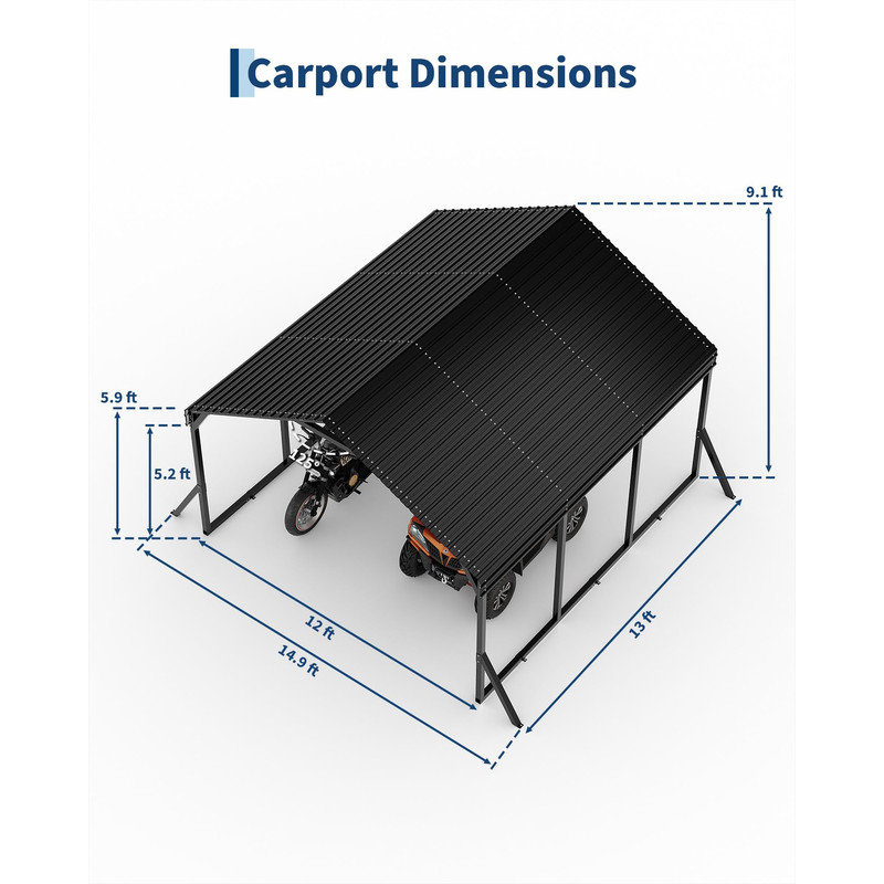 All-Weather Metal Carport with Reinforced Steel Roof, 12x13x9 ft Heavy-Duty Outdoor Shelter for Cars, Motorcycles, ATVs and Boats