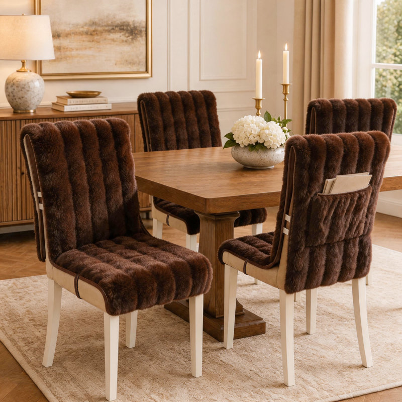 Ensemble de housse de chaise de salle à manger en peluche à motif vertical, Café noir, 4 housses de chaise