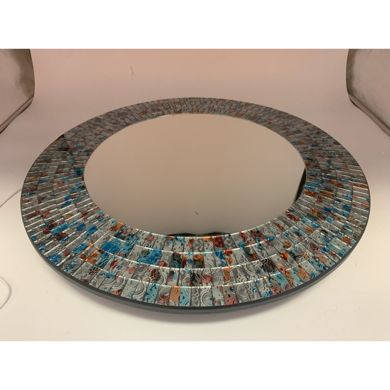 Zorigs Mosaic Mirror, Wall Art Décor – 24” Round Handcrafted Decorative Wall Mirror, Silver, Sky Blue, and Maple Brown Mosaic Tiles with Embedded Imperial Design