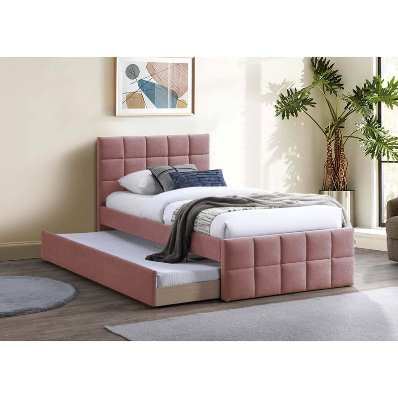 Full Size Pink Bed With Trundle And Upholstered Headboard In Grid Pattern For Contemporary Bedroom Decor