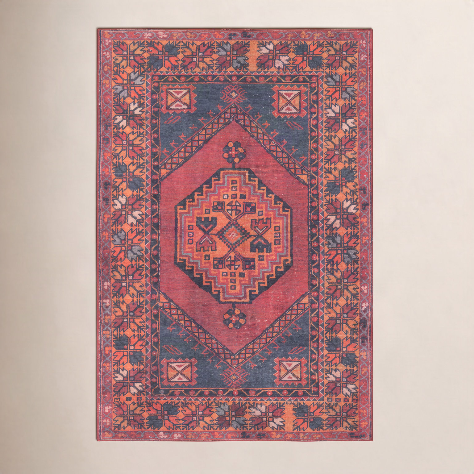 Isthia Red Blue Orange Oriental Rug, Rectangle 5' x 7'6"