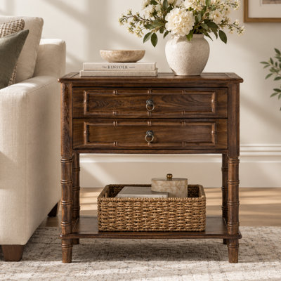 Jeremie 30''W Transitional Solid Wood Bamboo-style End Table with Built-In Charging Station