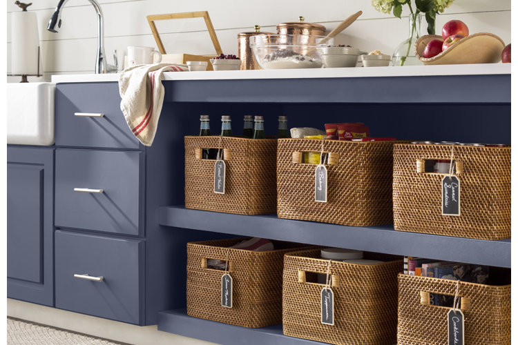 blue kitchen cabinets wicker basket storage bins