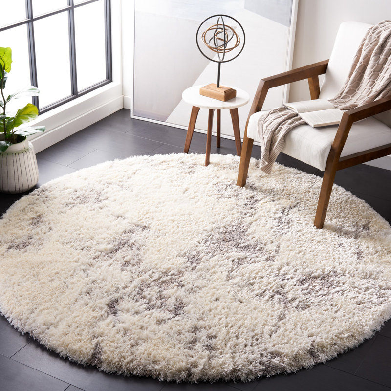 Tapis abstrait en polyester tissé à la machine en ivoire / gris, Rond 6 pi 7 po