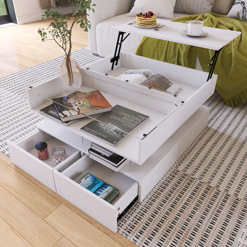 Table basse relevable avec 2 tiroirs, table basse carrée moderne avec plateau en verre, Blanc
