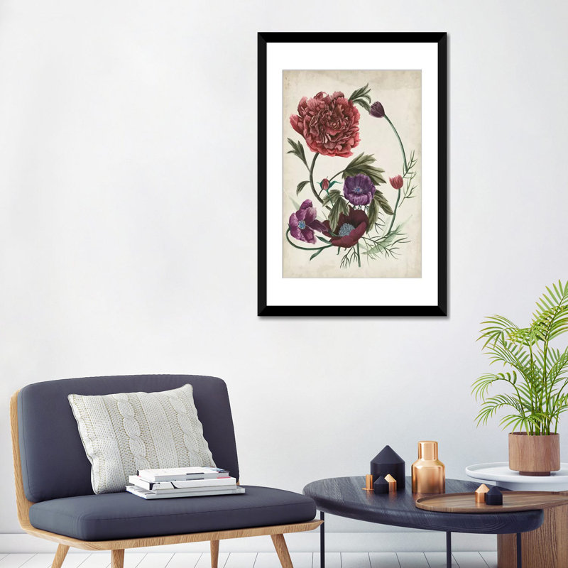 «Antique Peony I», impression sur toile, Papier d'art encadré noir, H 32 po x l 24 po x P 1 po