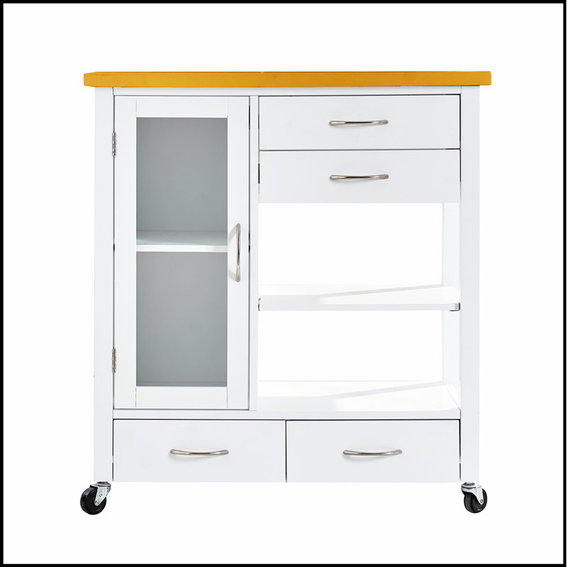 Chariot pour îlot de cuisine blanc polyvalent avec plateau en bois de noyer, armoire de rangement sur roulettes et plusieurs tiroirs