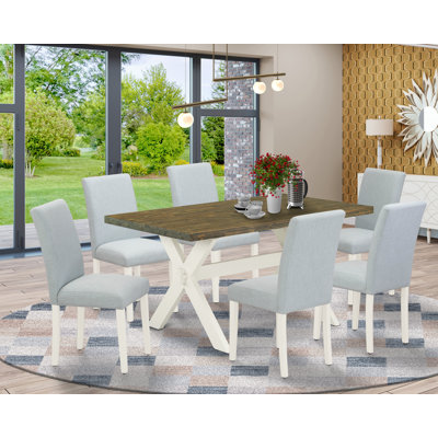 7 Piece Kitchen Table Set Consist of a Rectangle Dining Table with X-Legs and 6 Baby Blue Linen Fabric Parson Dining Chairs, Wire Brushed Linen White