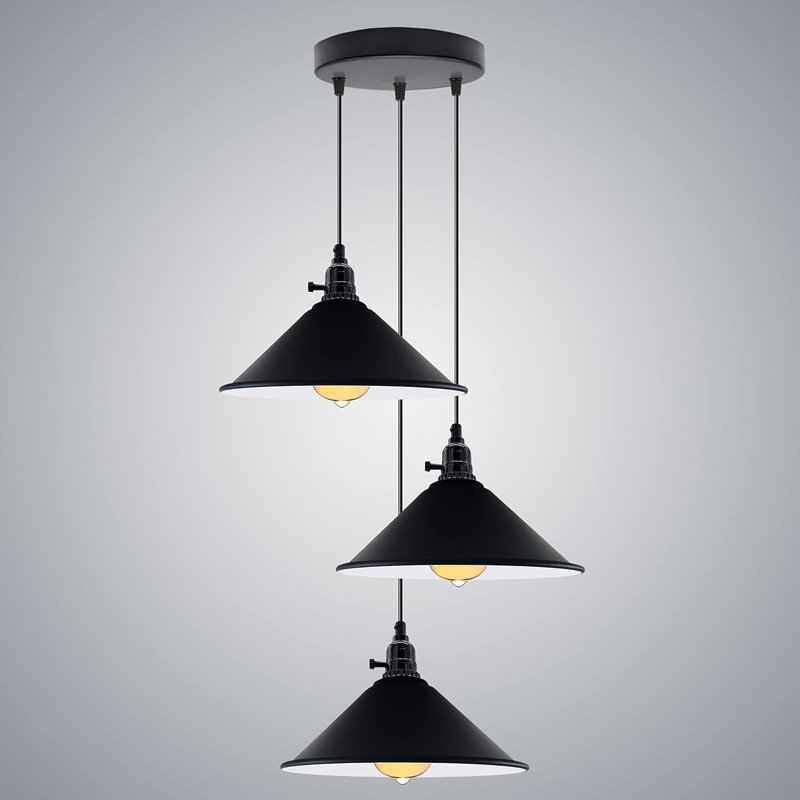 3-Light Cone Pendant Light – Industrial Kitchen Island Ceiling Fixture with Adjustable Height & E27 Bulbs, Black Inner White