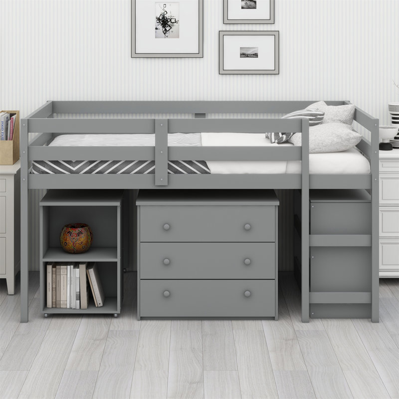 Lit mezzanine bas avec tablette, tiroirs et bureau portatif à roulettes, Grey