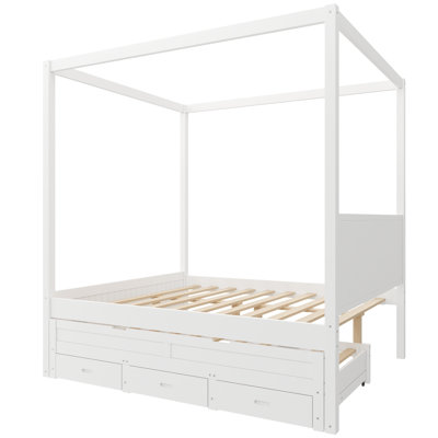 Lit plateforme à baldaquin Ringler avec lit gigogne double, 3 tiroirs de rangement et tête de lit à lattes verticales pour une utilisation polyvalente dans la chambre Ringler
