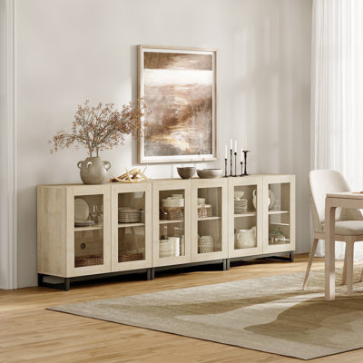 Buffet 3 en 1 multifonctionnel avec 6 portes en verre, crédence moderne avec tablette ajustable et base en métal, armoire de rangement pour bar, salon, cuisine