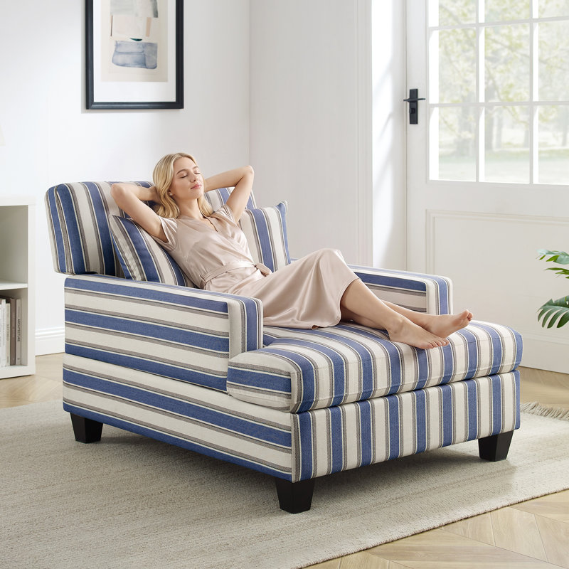 Chaise longue rembourrée en tissu 39,76 po, Lin rayé bleu marine