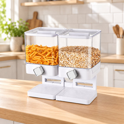 Dewit Double Dry Food Cereal Dispenser, Wall Mounted Grain Storage Container with Drip Trays, Snack & Candy Organizer for Kitchen Pantry
