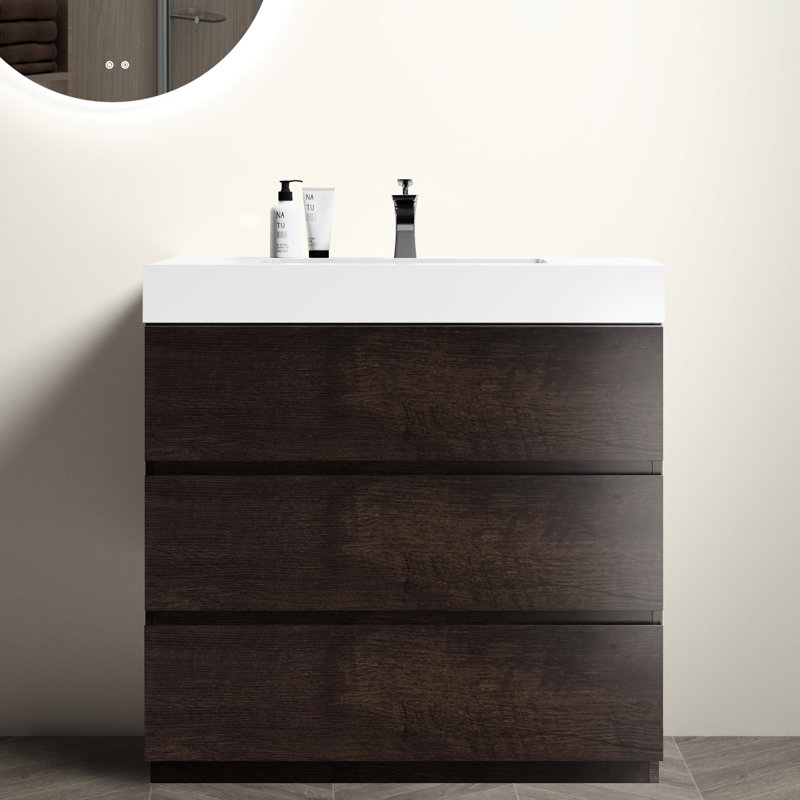 36" Bathroom Vanity - Walnut, White Sink, Tremendous Storage, , Elegant Finish, Modern Facility Basin, Conjoins Of , Central Component
