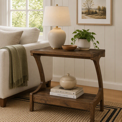 Solid Wood End Table, Narrow Side Table with 2-Tier Storage Shelf