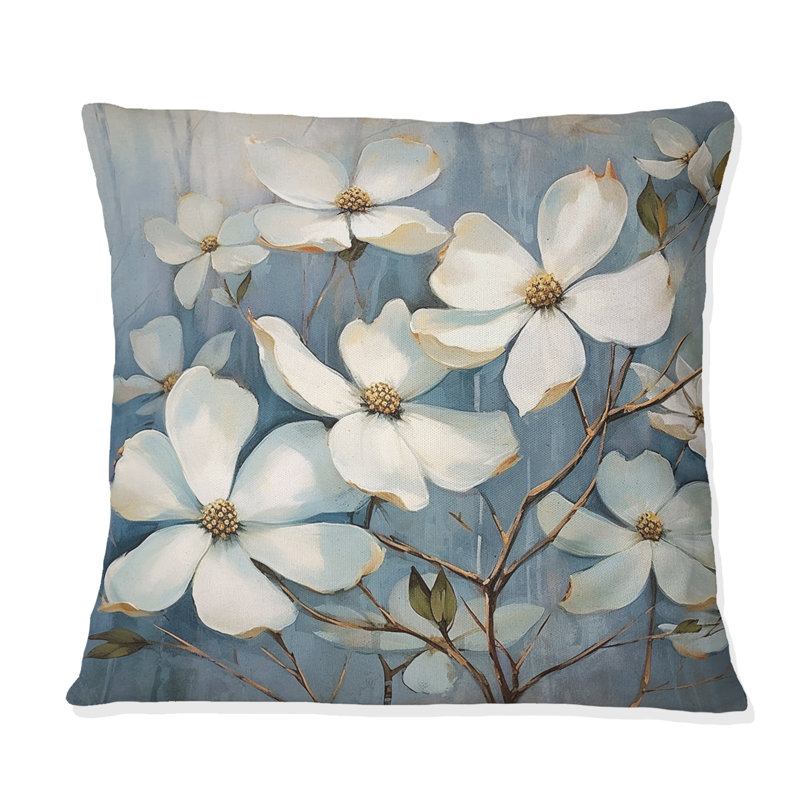 Coussin décoratif à imprimé floral blanc et gris Dogwood Elegance II