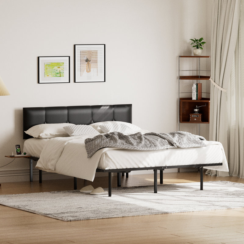 Metal Floating Bed Frame with Adjustable Height Upholstered Headboard, Built-in USB Charging & LED Lighting, Kingsize (5')