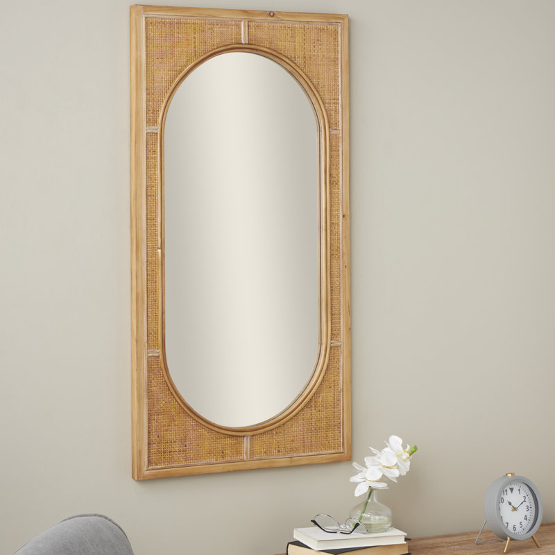 Rattan Brown Wall Mirror with Oval Center