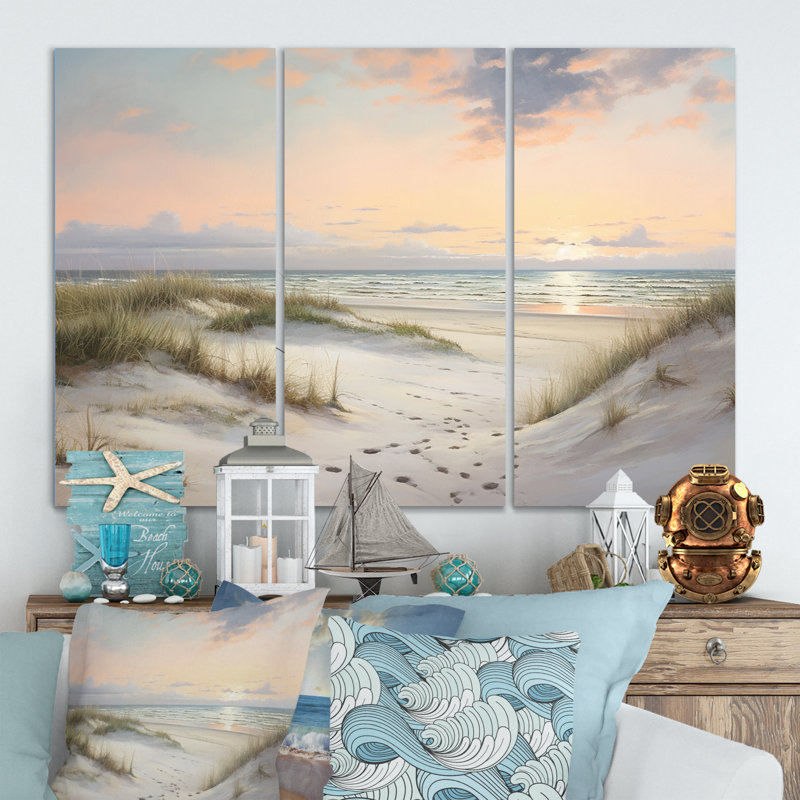 Art mural sur toile plage, décor côtier lever de soleil pastel - plage sérénité douce lever de soleil rose pastel I