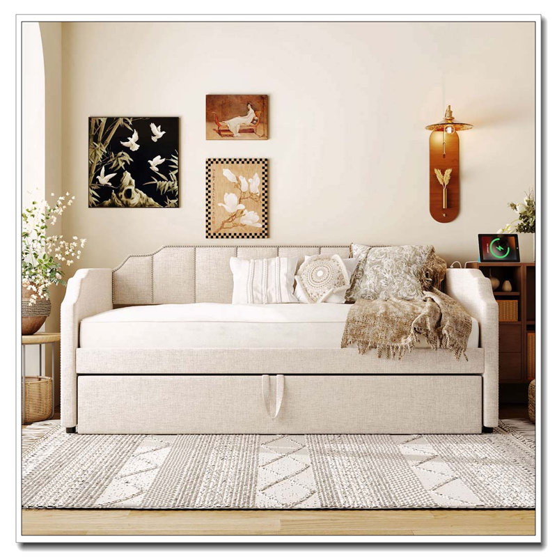 Twin Size Upholstered Daybed with Pop-Up Trundle & USB Charging Ports, Beige
