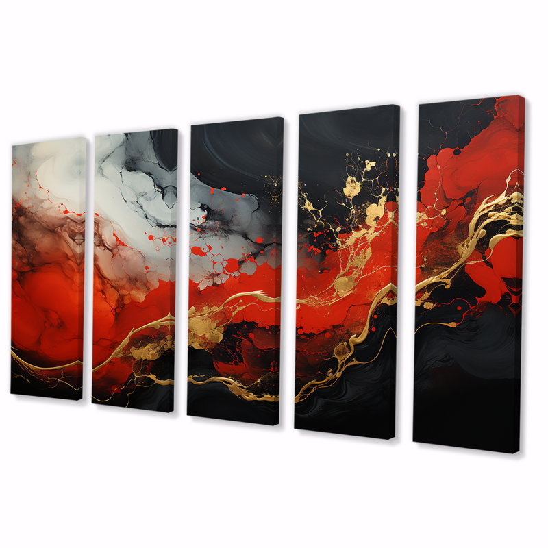 "Red and Gold Marble Fire II" - peinture abstraite, art mural 5 pièces, H 32 po x l 80 po