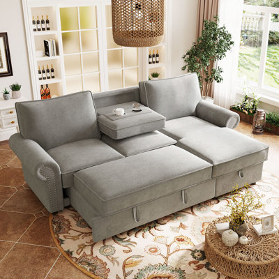 95" Convertible Sleeper Sofa With Storage Chaise | Drop-Arm Console & 2 Cup Holders | Easy-Clean Fabric On Solid Wood Frame | Modern Living Room Sectional,Gray