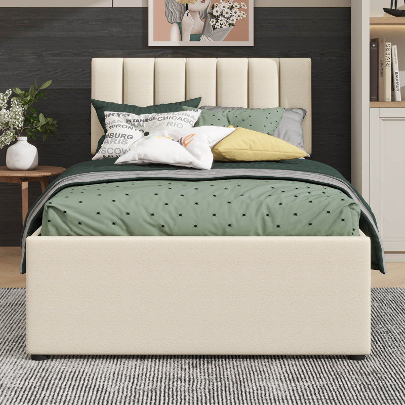 Lit plateforme simple tapissier avec lit gigogne sous le lit, Beige