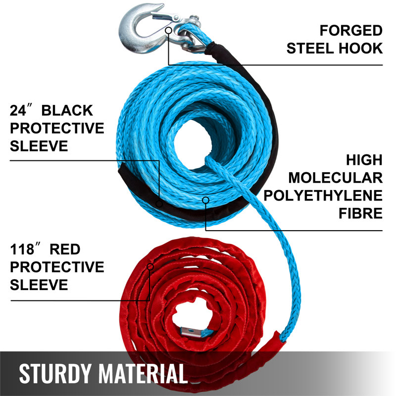Corde de treuil synthétique 3/8 po x 100 pi, câble de treuil avec crochet G70 18 740 lb