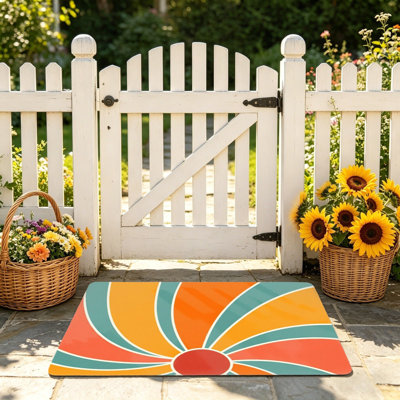 Retro Swirl Sun Geometric Floor Mat For Front Door, 24" X 36", Orange Teal