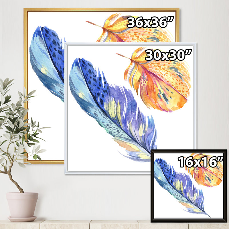 Oiseau bleu coloré, plume d'aile - peinture sur toile, H 30 po x l 30 po x P 1 po, Cadre noir