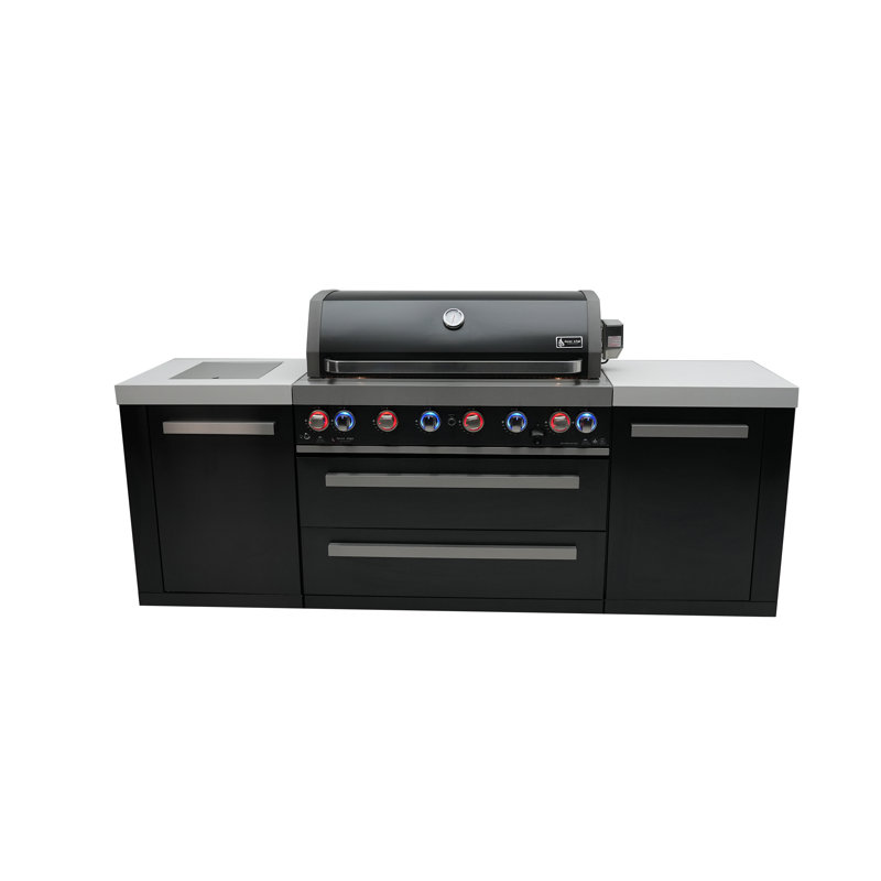 Îlot de cuisine extérieure modulaire haut de gamme Mont Alpi en acier inoxydable noir (239 cm L x 58 cm P x 117 cm H) + brûleur latéral + barbecue 6 brûleurs (112 cm L) + comptoirs en granit blanc + armoires et tiroirs de rangement + rôtissoire + housse + convertible au gaz naturel + garantie à vie
