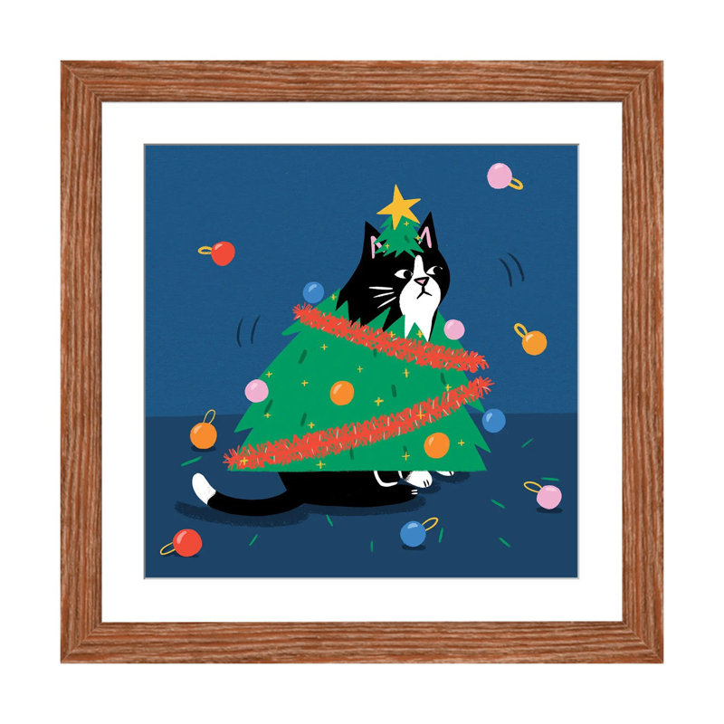 Arbre de Noël chat - reproduction d'art murale - papier d'art encadré, H 16 po x l 16 po, Brun