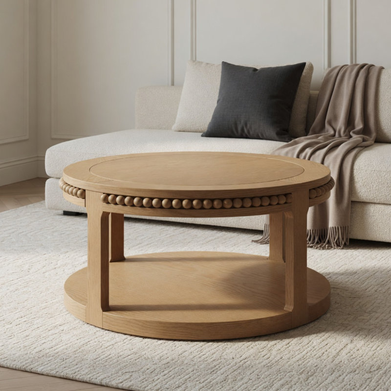 Table basse et canapé de 31,5 pouces en bois massif rond - plateau épaissi à deux niveaux, pieds robustes, table circulaire pour le salon (noyer)