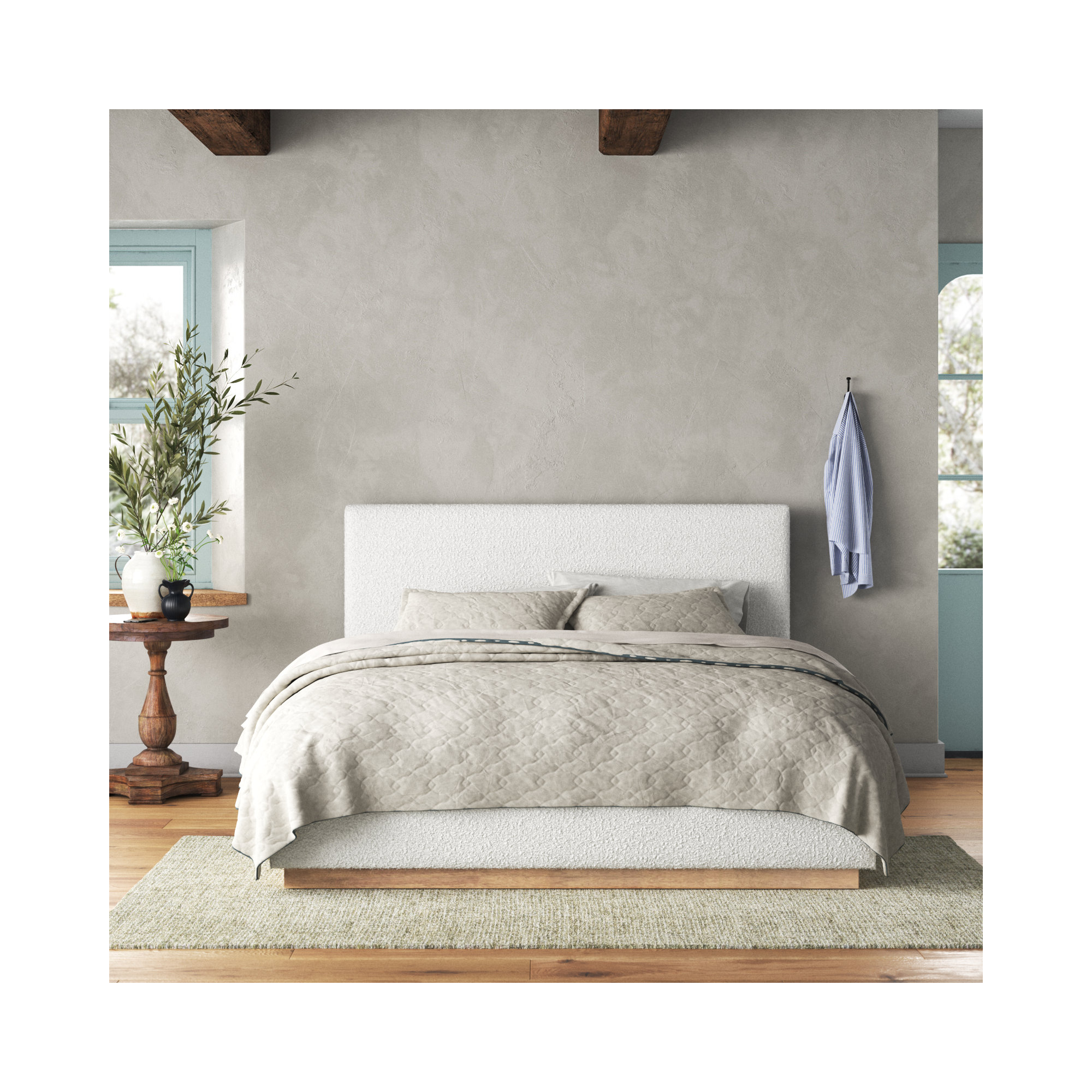 Drago Upholstered Platform Bed, Cream Boucle, Full
