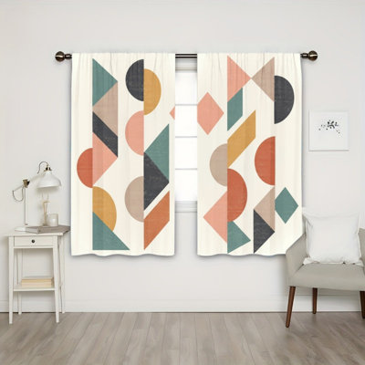 2 Pieces Mid-Century Modern Geometric Abstract Pattern Light Filtering Curtains, Retro Shapes Circles & Triangles Design, Easy Hang Rod Pocket Curtain for Living Room, Bedroom and Dormitory Decor