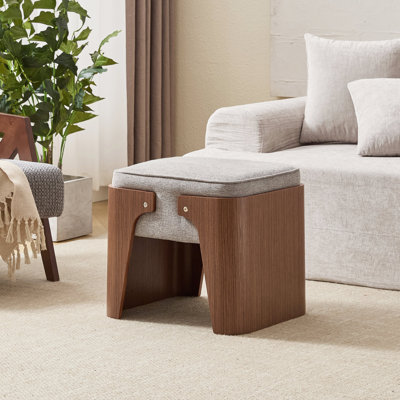 19.7" Wide Linen Upholstered Ottoman With Wood Base