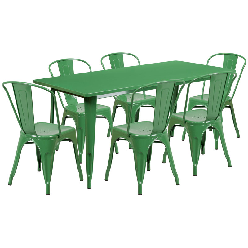 Metal Indoor-Outdoor Table Set, Green, 7, 29.5"H x 31.5"W x 63"D